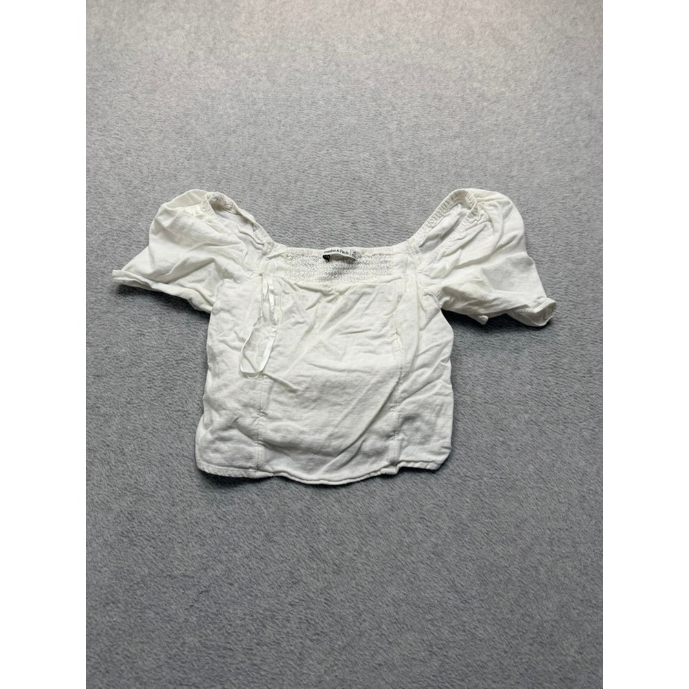 Abercrombie & Fitch Womens XS White Linen Blend Puff Sleeve Smocked Crop Top